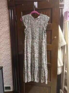 Time and Tru Olive Green Smocked Floral Top with Pink Accents